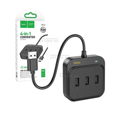 USB-концентратор HOCO HB35, EasyLink, 4 гнезда, 3xUSB2.0, RJ45, кабель USB 0.2м,  черный